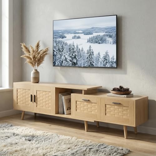 Meuble TV 180, Longueur Réglable, Banc TV Effet Rotin Cannage pour TV jusqu'à 75 Pouces, avec Tiroirs et Porte, Style Bohème Scandinave, Pieds en Bois, pour Salon,...