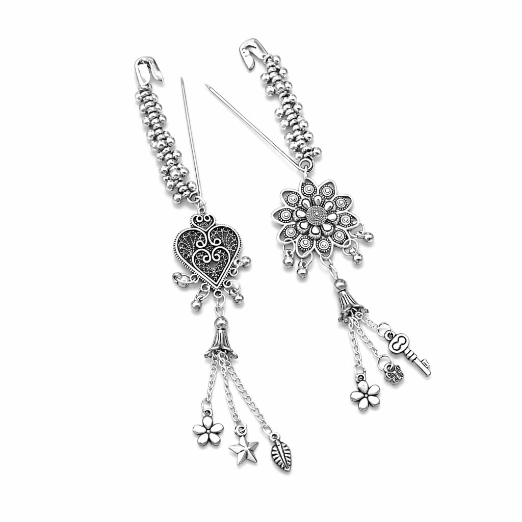 gc premium jewellery Oxidized Plated Filigree Heart & Mandala Floral Tassel Saree Pin Combo Set for Women & Girls | Traditional Hanging Charm Pallu Brooch | Safety Clasp (Set of 2)-picture-27