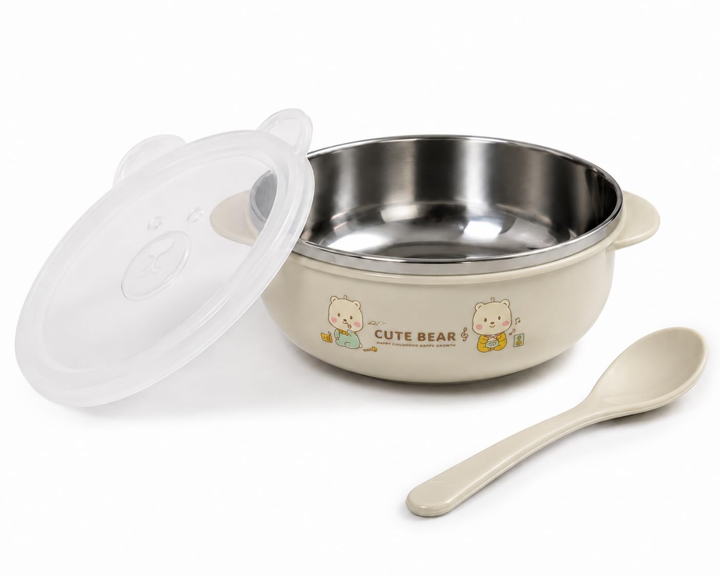 TINSY Bear Shaped Kids Stainless Steel Bowl with Lid & Spoon – BPA-Free Food Grade Feeding Bowl with Plastic Cover, Leakproof, Ideal for Toddlers & Kids (Cream Ivory)-image-37