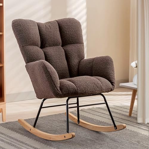 Image of Ugijei Nursery Rocking Chair, Teddy Upholstered Glider Rocker with High Backrest Armchair, Modern Rocking Accent Chairs for Nursery, Living Room, Bedroom, Offices (Brown)