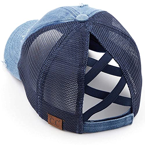 Funky Junque Criss Cross Hat Womens Baseball Cap Distressed Ponytail Messy Bun Trucker Ponycap (Navy Mesh - Denim (Distressed)) #TOP1
