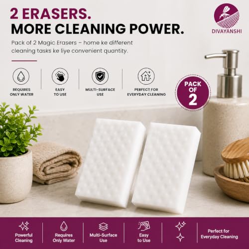 Image of Divayanshi Magic Eraser Sponge Pack of 2 | Powerful Stain Remover with Just Water | No Scratch Multi-Surface Cleaning Sponge for Kitchen, Bathroom, Walls, Shoes & Switchboards