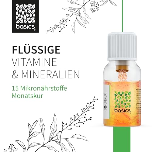 IMMUN KUR - Immunsystem stärken mit basics - Monatskur, 30 x 10ml Fläschchen - Hochdosiert, Kombination aus 15 Mikronährstoffen. Ohne unerwünschte Zusätze - Vegan - Laborgeprüft
