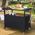 COZEER Outdoor Grill Table with Storage, Movable BBQ Grill Cart, Outdoor Kitchen Prep Station, Rolling Bar Serving Cart with Utensil Hooks, Blackstone Griddle Stand