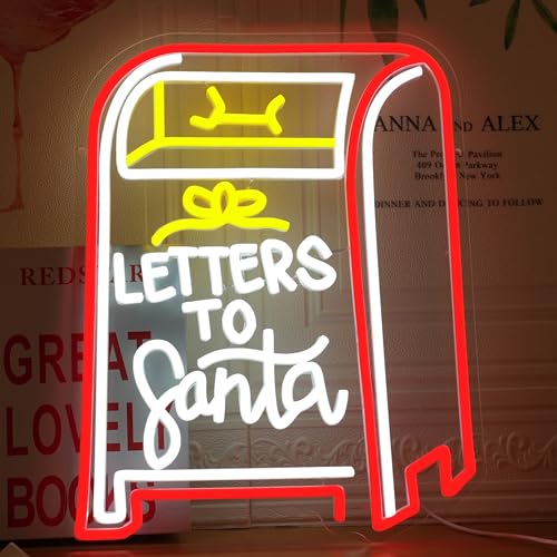 Image of GNVETZLL Letters to Santa Neon Sign Christmas Letter Box Light up Sign Santa Neon Light Sign for Christmas Party Bedroom New Year Bar Wall Decorations(15.75 * 12.6In)
