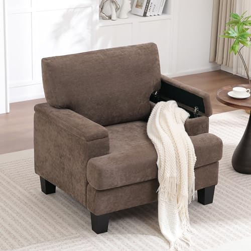 Image of Modern Upholstered Living Room Chairs, Accent Chair with Storage Armrest, Comfy Large Armchair, Fabric Single Sofa ReadingChair for Bedroom, Dark Brown