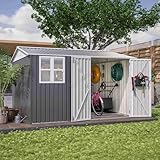 BIRCHTREE Garden Shed Steel Apex Roof House Outdoor Backyard Storage With Lockable Double Doors Window Free Foundation Tool Equipment Organizer Air Vents 10x10FT Grey