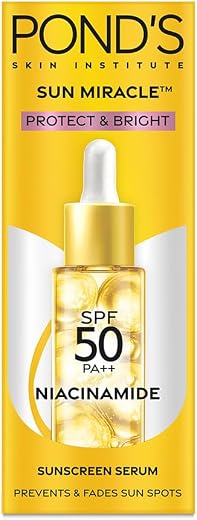 POND’S Sun Miracle SPF 50 PA++ Sunscreen Serum - Protect & Bright, With 1.25% Niacinamide, Prevent & Fade Dark Spots, Ligh...