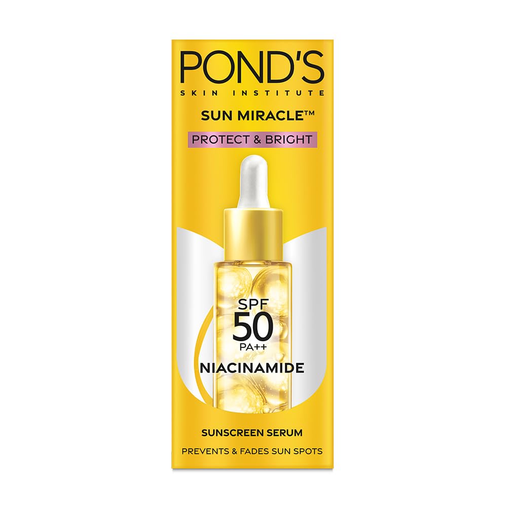 POND’S Sun Miracle SPF 50 PA++ Sunscreen Serum - Protect & Bright, With 1.25% Niacinamide, Prevent & Fade Dark Spots, Ligh...