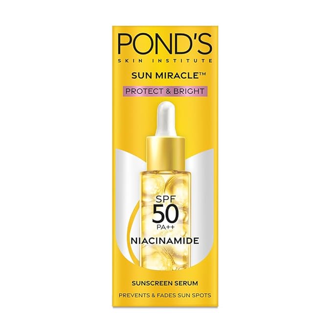 POND’S Sun Miracle SPF 50 PA++ Sunscreen Serum - Protect & Bright, With 1.25% Niacinamide, Prevent & Fade Dark Spots, Lightweight, No White Cast 14ml