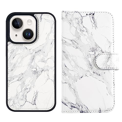 Protection iPhone 15 Plus béquille magnétique étui portefeuille cuir marbre gris