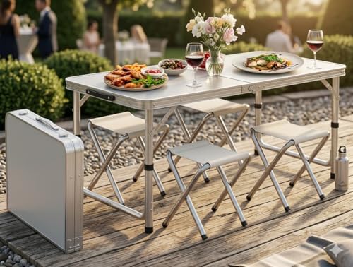 Image of Yorten Picnic Table with 4 Stools Set, Aluminum Lightweight Outdoor Table Foldable Travel Dining Table with Carry Case, for Camping, Picnic, Garden, Beach & Travel (Umbrella is not incluted)