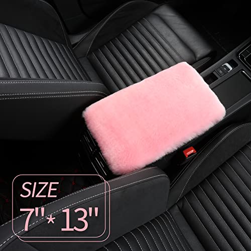 Image of IRIWOOL Sheepskin Armrest Cover Auto Center Armrest Cover Car Soft Console Pad, Fluffy Wool Auto Center Console Cover for Most Car Arm Rest Decoration Protector 7 x 13 Inch (Shearling, Pink)