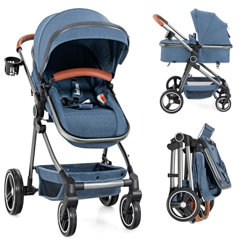 Image of INFANS 2 in 1 Baby Stroller, Newborn Convertible Stroller Bassinet for Infant, Foldable High Landscape Shock Absorption with Reversible Seat, Aluminum Structure for Toddler Pushchair 0-36 Month
