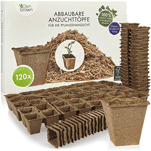 OwnGrown Abbaubare Anzuchttöpfe eckig: 120x Premium Anzucht Topf aus Holzfasern...