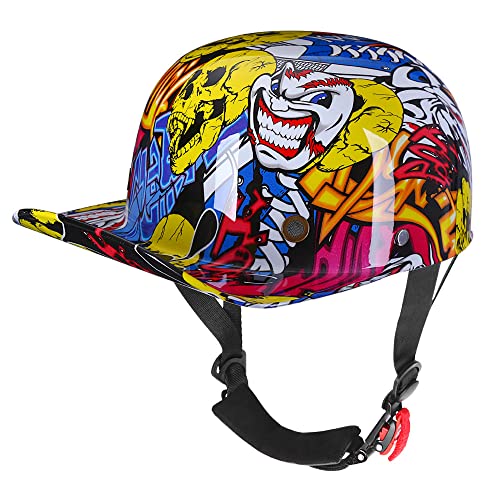 Woljay Vintage Retro Open Face Motorcycle Helmet Baseball Cap Half Helmets Men Women for Moped Cap Jet Scooter Street Cruiser - DOT Certified (Large Clown)