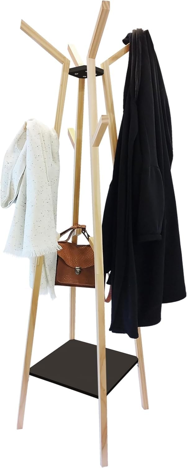 Porte-Manteaux Bois Naturel et Noir 47x47x170 cm 12 Crochets Style Scandinave