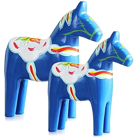 FishMM Set of 2 Europe's Swedish Wooden Dala Horse Figurine, Dalecarlian Horse Ornaments, Color Painting Classical Handicraft Cover