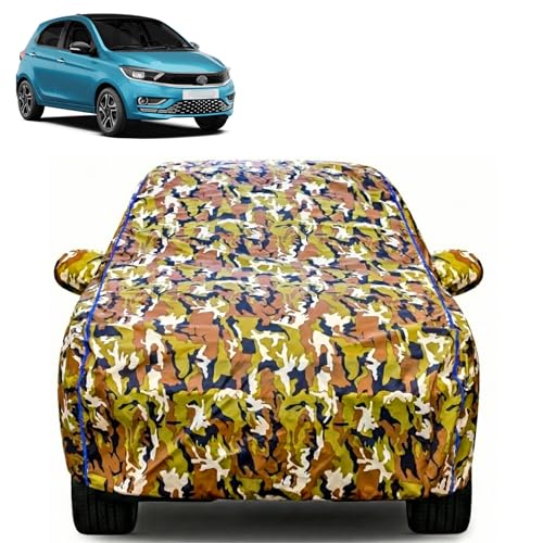 Image of Waterproof Car Body Cover for Tata Tiago with Mirror Pocket| Cotton Inner Lining | Triple Stitched | All Weather Protection | Dust, UV & Rain Proof (Camouflage with Blue Piping)