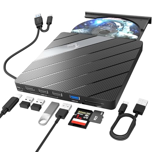 Image of Techie 8-in-1 External DVD Drive with USB Hub, SD TF Card Reader and Type-C Power Port - Dual USB-A and Type-C Interface CD DVD Reader Writer for Laptop, MacBook, PC and Tablets (Black Grey)