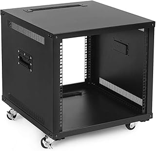 NavePoint 9U Portable Rolling Network Rack, Adjustable Depth 2.5 to 22.6 Inches, Top and Bottom Cable Management, Built-in Handles, Locking Swivel Caster Wheels, Audio Video, Telecom, Equipment Rack