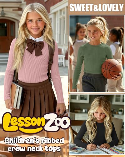 Image of 4 Pack Girls Long Sleeve Shirts Ribbed Knit Cotton Crewneck Tops Slim Fit Soft Casual Kids Base Layer Undershirts