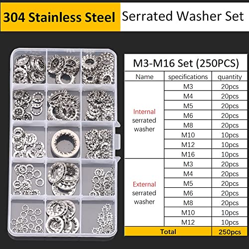 CONPHERON Internal External Serrated Washers Set, 250 Pcs External Internal Tooth Star Lock Washers Assortment Kit - Image 2