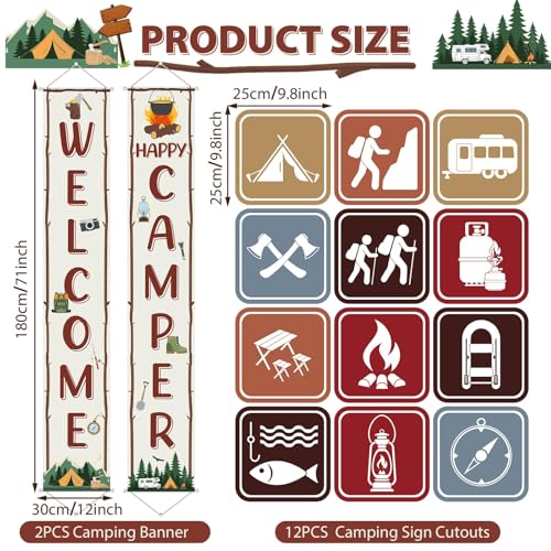 Image of 14Pcs Camping Party Decorations Set Welcome Happy Camper Porch Banner Sign Summer Camp Sign Cutouts Birthday Party Favors Camping Theme Birthday Decorations Hanging Supplies for Campfire Decor