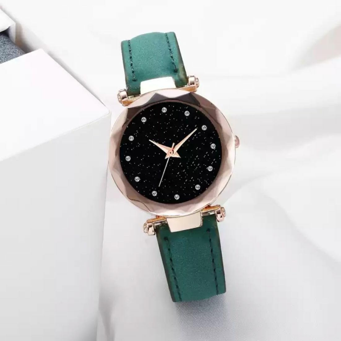 Black 12 Diamond Dial Green Leather Belt Wrist Girls Watch_JMV115-image-19