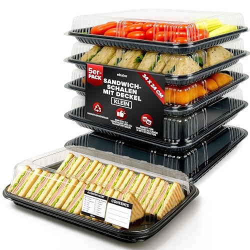 5er-Set Serviertabletts – 34 x 24 x 7,5 cm Servierplatte mit Deckel für Buffet Zubehör Partys und Catering, Einweg Inklusive Sticker-Etiketten