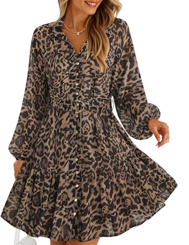 ZESICA Womens Spring Summer Floral Mini Dress Long Sleeve Button Chiffon A Line Swing Short Wedding Guest Party Dresses Leopard Small