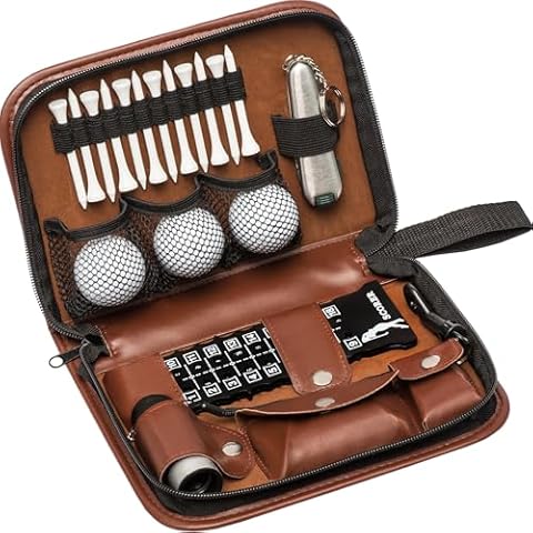 HIRQUITICKE Golf Gift Sets for Men & Women - Golf Accessories Set with Case, Golf Balls, Rangefinder, Golf Tees, Brush, Multifunctional Divot Knife, Scorer, Golf Ball Clamp (Brown) Cover