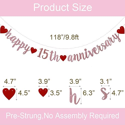 Miniatura 2 de SUNbetterland - Cartel de feliz 15 aniversario, guirnaldas de papel con purpurina de oro rosa para suministros de decoración de fiesta de