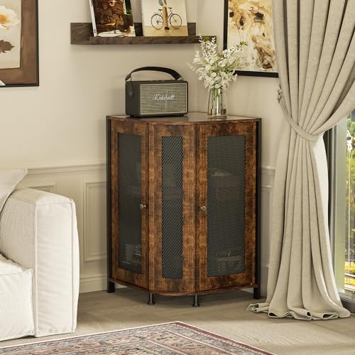 JKsmart Corner Storage Cabinet with Open Shelf, 3-Tier Industrial Wine Bar Shelf with Door, Industrial Corner Cabinet for Kitchen, Living Room, Dining Room, Rustic Brown - Thumbnail 7