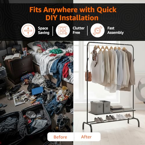 Image of Amazon Basics Metal Clothes Rack Stand with Bottom Storage Shoe Shelf & Side Hooks Hanger for Bedroom & Hallway, Portable Wardrobe Organizer 112L x 40B x 148H cm (SINGLE ROD, BLACK)