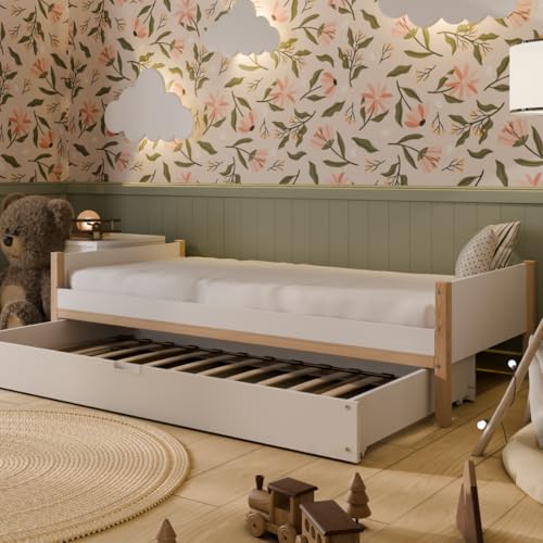 Crazy Pine Lit Enfant 120x200 cm – Lit Classique en Bois Composite (LHDF), Blanc, Pieds en Pin, Tête/Pied de Lit, avec tiroir avec Fonction Couchage –...