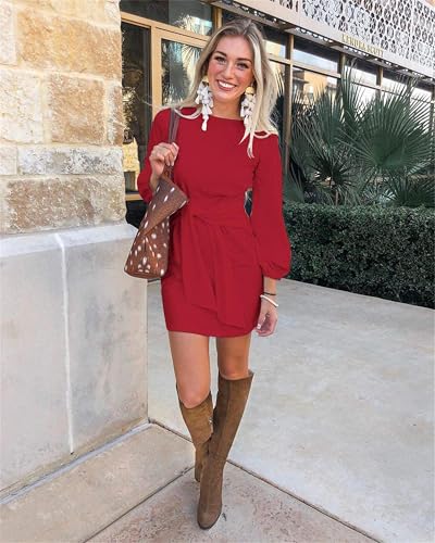 Image of PRETTYGARDEN Womens Spring Elegant Long Lantern Sleeve Short Dress Wedding Guest Crewneck Tie Waist Knit Cocktail Dresses