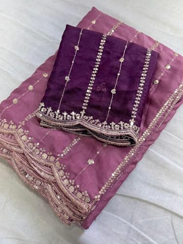 Image of SIRIL Women's Shimmer Georgette Scalloped Border Sequins Embroidery Saree with Unstitched Blouse Piece