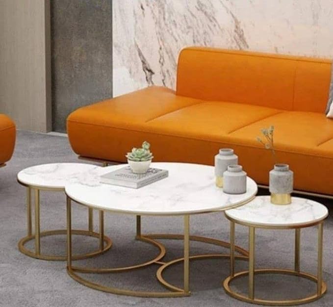 Image of Round Stacking Coffee Side Table for Small Space, 1 Center Table, 2 End Nesting Tables, Nightstand, and Bedside in a 3-Piece Living Room Table Set (White Gold)
