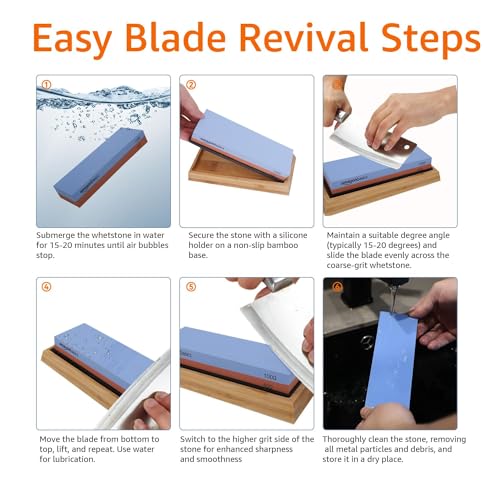 Amazon Basics Whetstone Knife Sharpening Wet Stone - Dual-Sided 400/1000 Grit with Non-Slip Bamboo Base by Amazon Basics - Image 4
