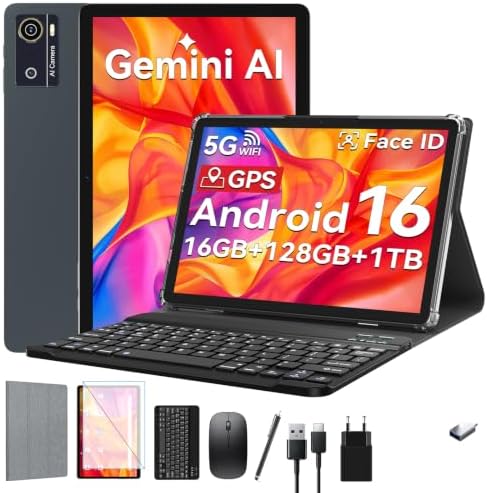 KADYBE Tablet 10 Zoll Android 16 Tablets mit 16GB +128GB 9-In-1 Komplettset mit Tastatur Maus Stift Hülle Gesichtsentsperrung 13MP Kamera 7000mAh GPS WiFi 5 Bluetooth 5 Tablet