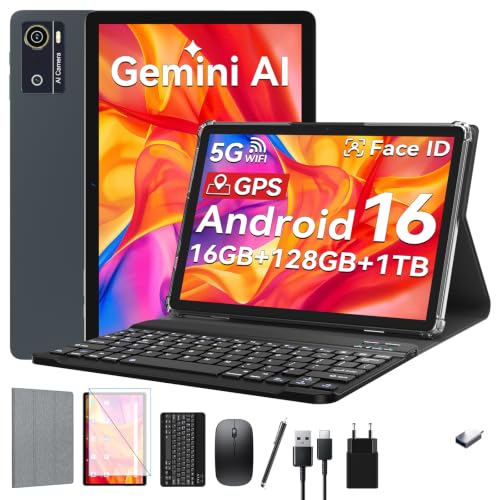 KADYBE Tablet 10 Zoll Android 16 Tablets mit 16GB +128GB 9-In-1 Komplettset mit Tastatur Maus Stift Hülle Gesichtsentsperrung 13MP Kamera 7000mAh GPS WiFi 5 Bluetooth 5 Business Tablet für Homeoffice