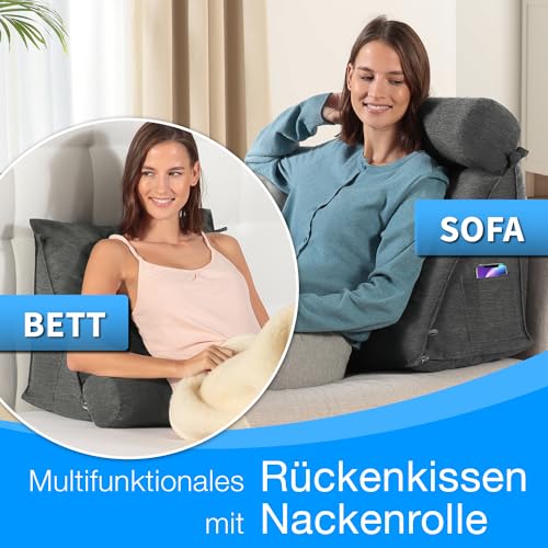 ELONEO Rückenkissen Bett/Sofa mit Abnehmbarer Nackenrolle und Seitentasche, Rückenstützkissen mit Nackenkissen, Bezug waschbar, Lesekissen, Bücherkissen, Rückenlehne