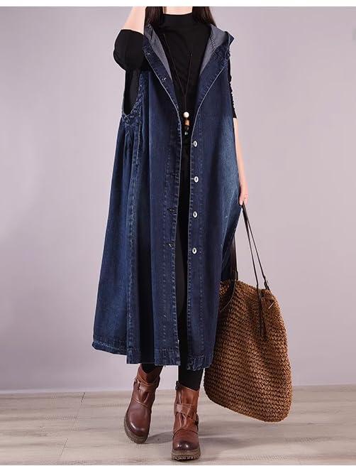 Long Denim Vest for Women Sleeveless Jeans Jacket Hooded with Pockets Wide Hem Loose Casual2