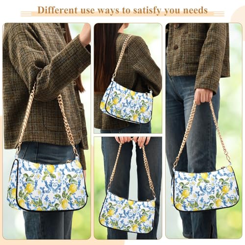 Image of Shoulder Bags for Women Vintage Yellow Lemon Fruit and Blue Print Hobo Tote Handbag Small Clutch Purse with Zipper Closure