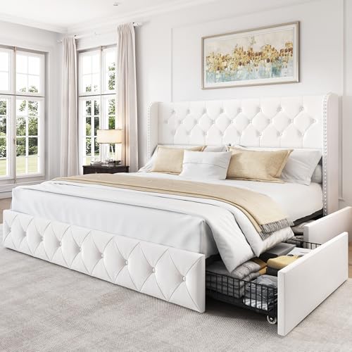 LARMACE King Size Bed Frame with 4 Storage Drawers and Wingback Headboard Velvet Upholstered Platform Bed Frame Tufted Beds with Wooden Slats Support, Easy Assembly, White