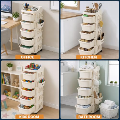 Image of Homeor 6 Tier Plastic Storage Drawer Cabinet with Wheels, Modular Chest of Drawers Organizer with Side Basket & Handle, Storage Trolley Rack for Home, Kitchen, Bedroom, Kids Room (Ivory)