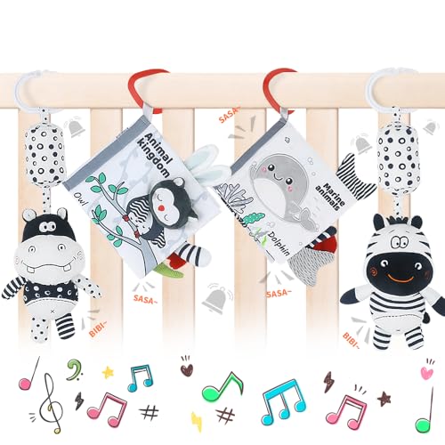 Baby Hanging Rattle Toys, Black and White High Contrast Baby Toys, Stroller Mobile Toy with Soft Plush Animal Rattles and Soothing Sounds, 4 Pack (Animal)