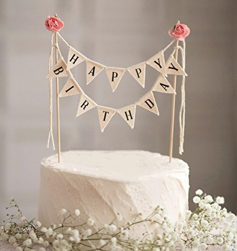 Soccerene Happy Birthday Cake Bunting Topper Cake Topper Garland, Handmade Pennant Flags with Wood Pole Ivory Pink Roses