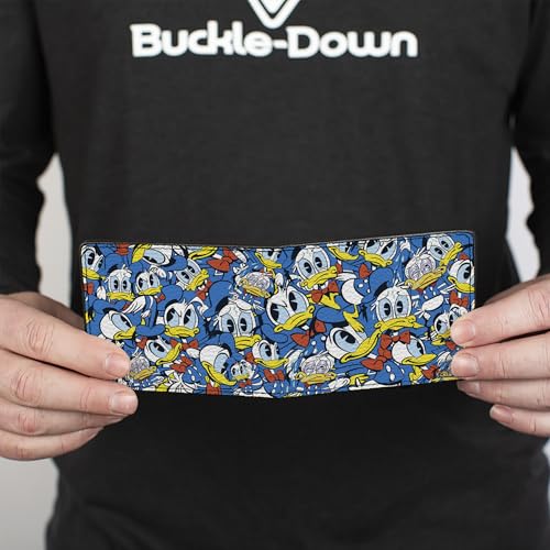 Image of Buckle-Down Men's PU Bifold Wallet, Donald Duck Blue & Yellow, 4.0 inch x 3.5 inch